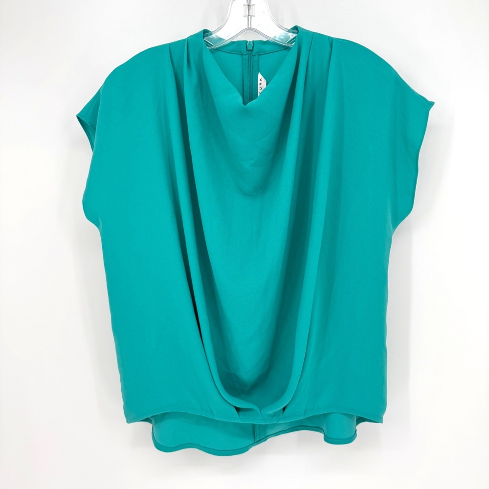 Trina Turk Odilia Draped Top Women S Teal Crepe Quiet Luxury Career Minimalist